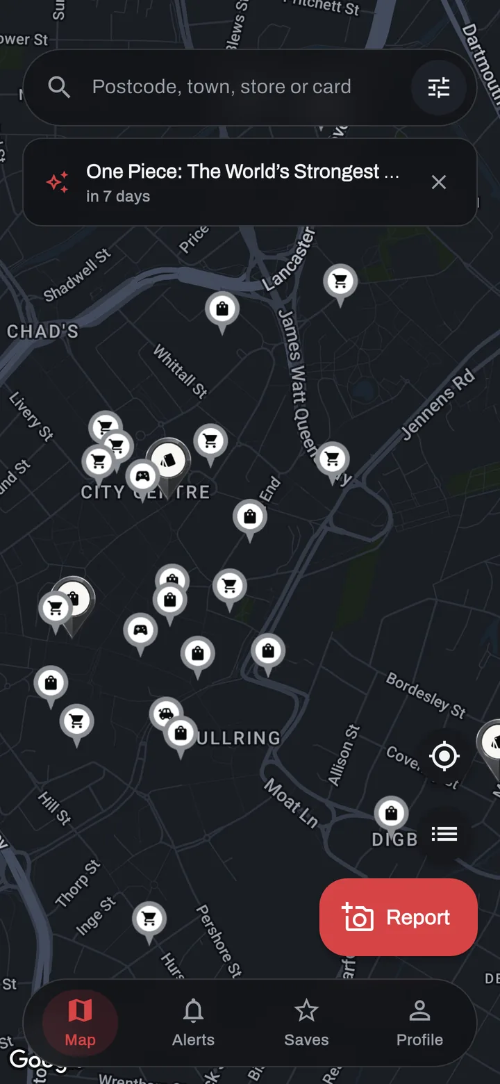 The app&rsquo;s dark map of Birmingham city centre, scattered with pins for supermarkets, high-street shops and card shops.