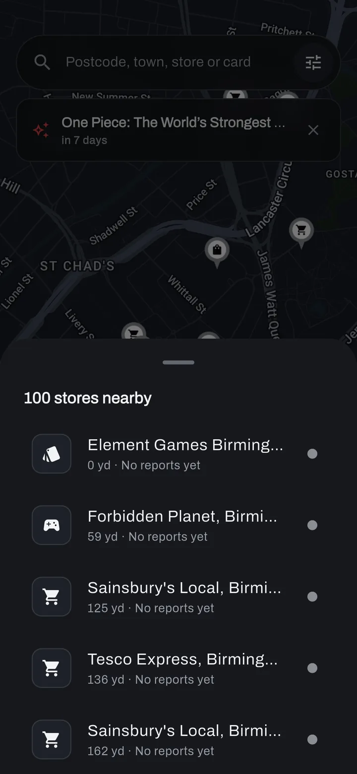 A list headed &lsquo;100 stores nearby&rsquo;, showing Element Games, Forbidden Planet, Sainsbury&rsquo;s Local and Tesco Express with distances.