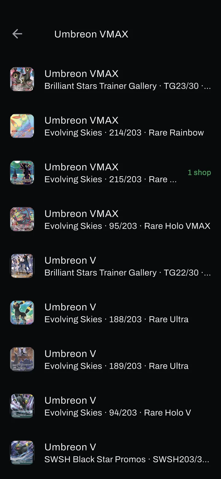 Search results for Umbreon VMAX showing card artwork, set names, collector numbers and rarities.