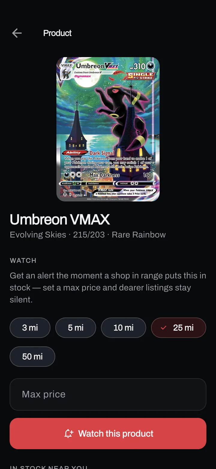 A card page for Umbreon VMAX with radius options from 3 to 50 miles, a maximum price field and a &lsquo;Watch this product&rsquo; button.