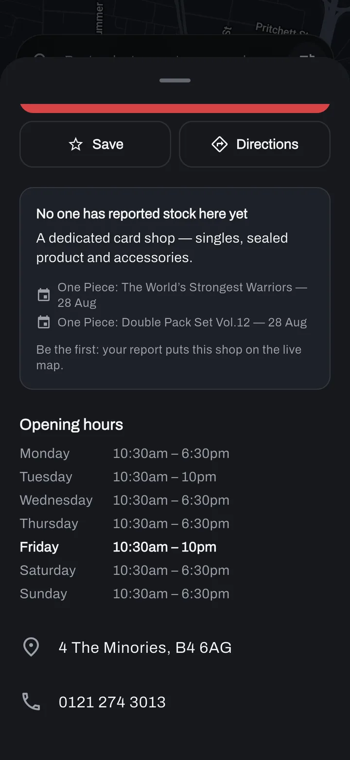 A shop page showing a full week of opening hours with today picked out in white, plus street address and phone number.