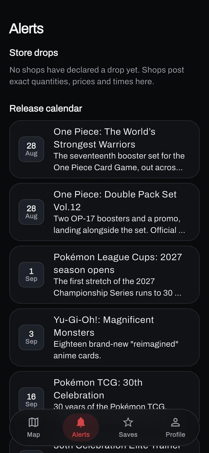 A release calendar listing One Piece, Pok&eacute;mon League Cups, Yu-Gi-Oh! and the Pok&eacute;mon TCG 30th Celebration with dates.