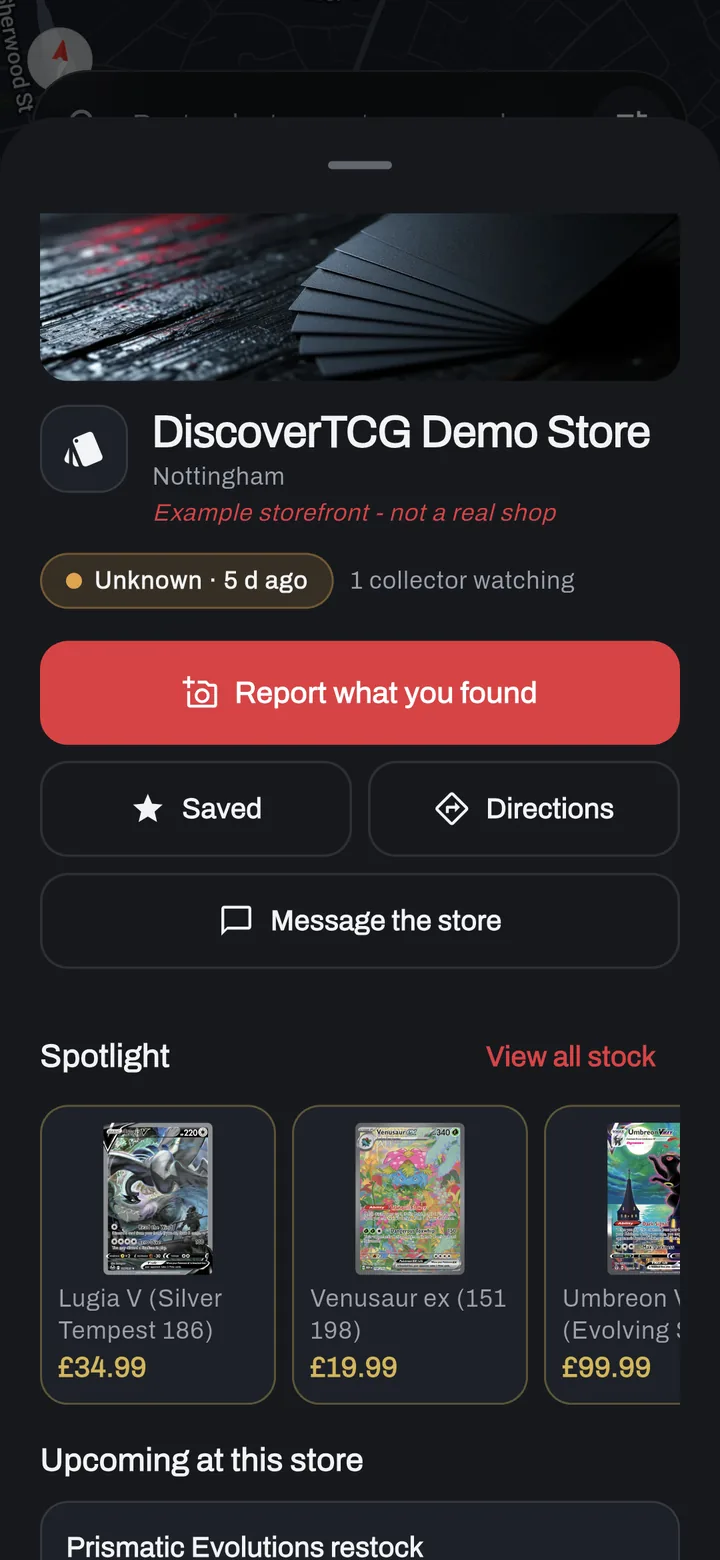 A shop page in the app with a banner, the shop name and town, buttons to report a find, save, get directions and message the shop, and a Spotlight row of card artwork with prices.
