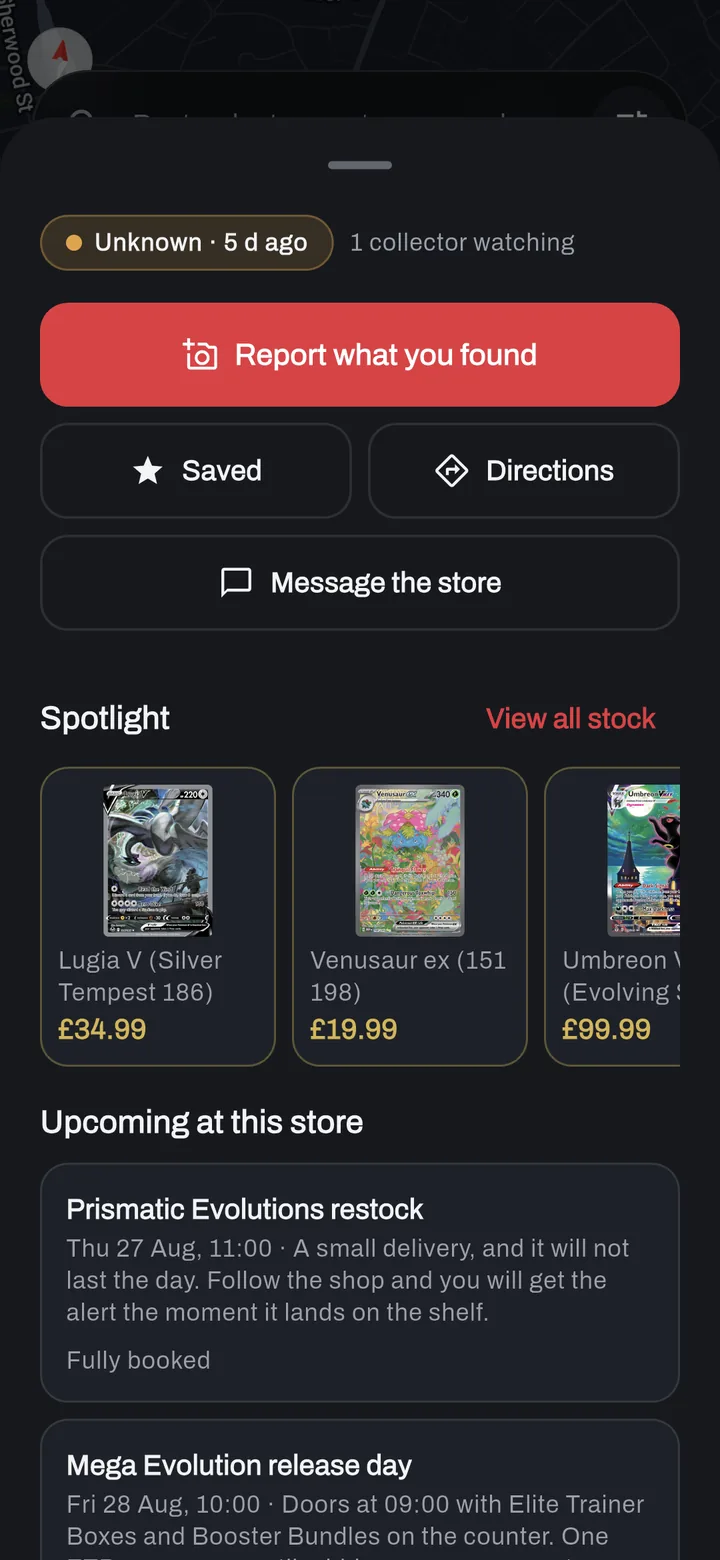 A Spotlight row of priced cards above &lsquo;Upcoming at this store&rsquo;, listing a Prismatic Evolutions restock, a Mega Evolution release day and a Friday Night League with dates and details.