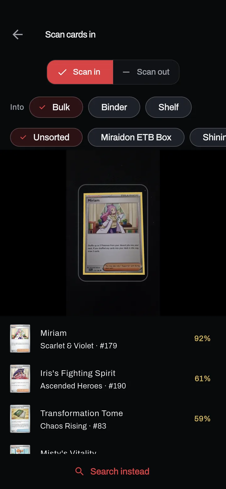 The app's scanner: a Pokémon card held under the camera inside a guide frame, with a ranked list of matches beneath it led by Miriam, Scarlet & Violet number 179, at 92 per cent.