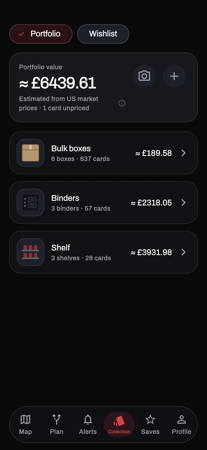 The Collection hub: portfolio value of about £6,439.61, labelled as estimated from US market prices with one card unpriced, above rows for bulk boxes, binders and shelf, each with its own count and estimate.