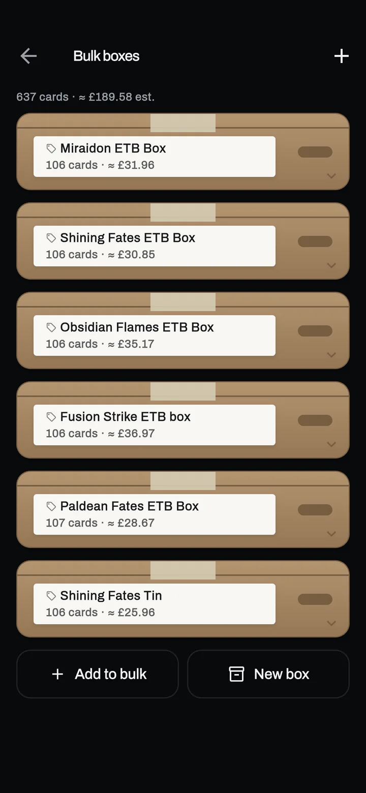 Six kraft bulk boxes stacked down the screen, each with a taped lid and a written label: Miraidon ETB Box, Shining Fates ETB Box, Obsidian Flames ETB Box and more, each showing a card count and an estimated value.