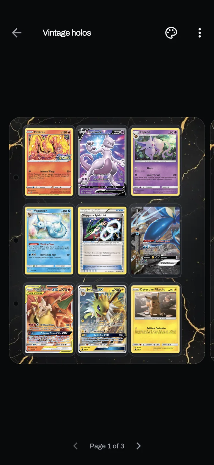 A nine-pocket binder page with a gilded cover behind it, holding Moltres, Mewtwo V, Espeon, Vaporeon, Rayquaza, Greninja, Charizard and Braixen GX, Jolteon GX and Detective Pikachu.