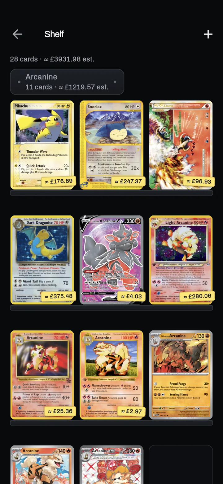 Three shelves of standing cards, each card wearing a yellow price ticket: Pikachu at about £176.69, Snorlax at about £247.37, Dark Dragonite at about £375.48.