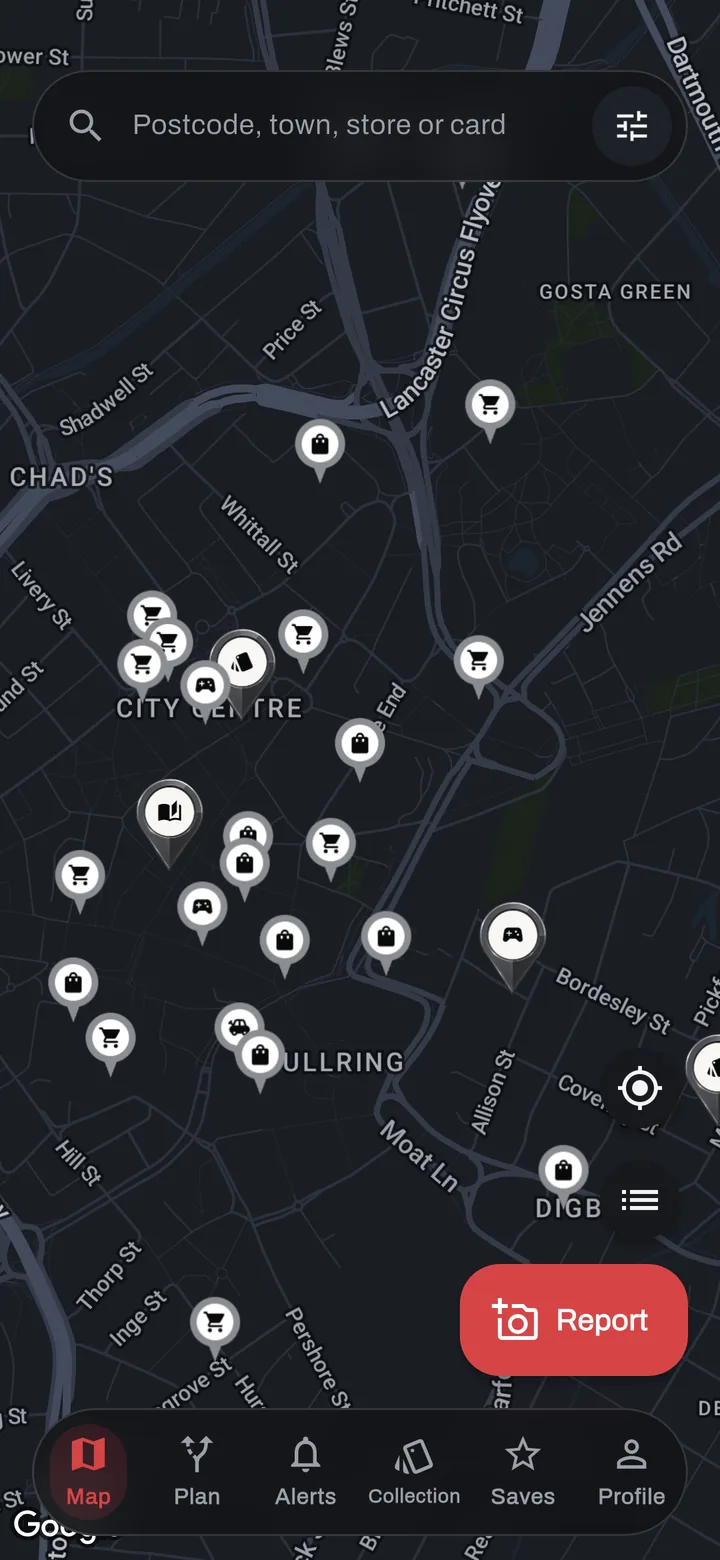 The app's dark map of Birmingham city centre, scattered with pins for card shops, game shops, supermarkets and high-street chains, with a Report button in the corner.