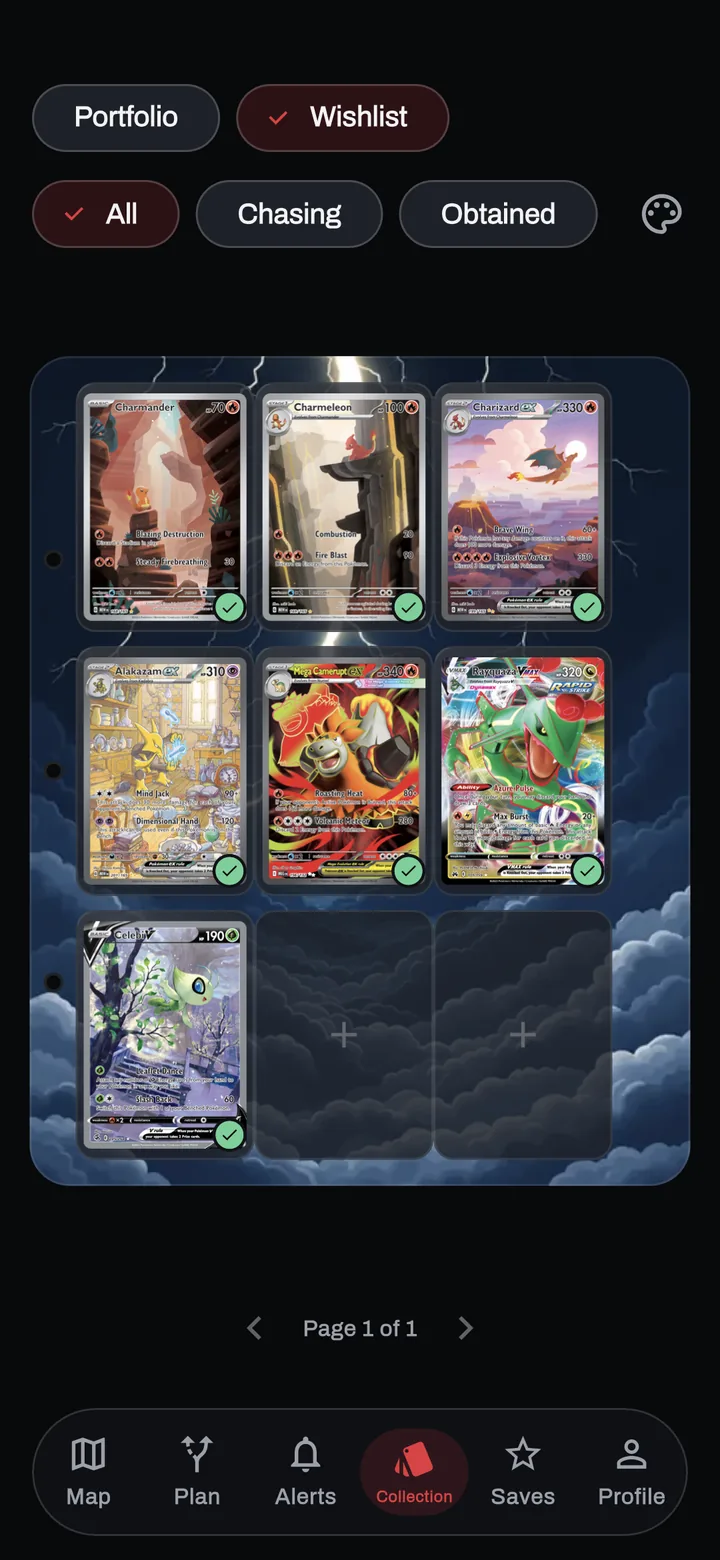A wishlist binder page under a storm-cloud cover: Charmander, Charmeleon, Charizard ex, Alakazam ex, Mega Camerupt ex, Rayquaza VMAX and Celebi V, each ticked as obtained, with two empty pockets left.