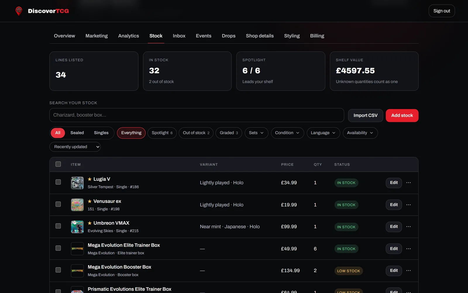 The Stock tab showing lines listed, how many are in stock, the spotlight count and total shelf value, with a search box, filters for sealed, singles and condition, and a table of cards with artwork, price and quantity.