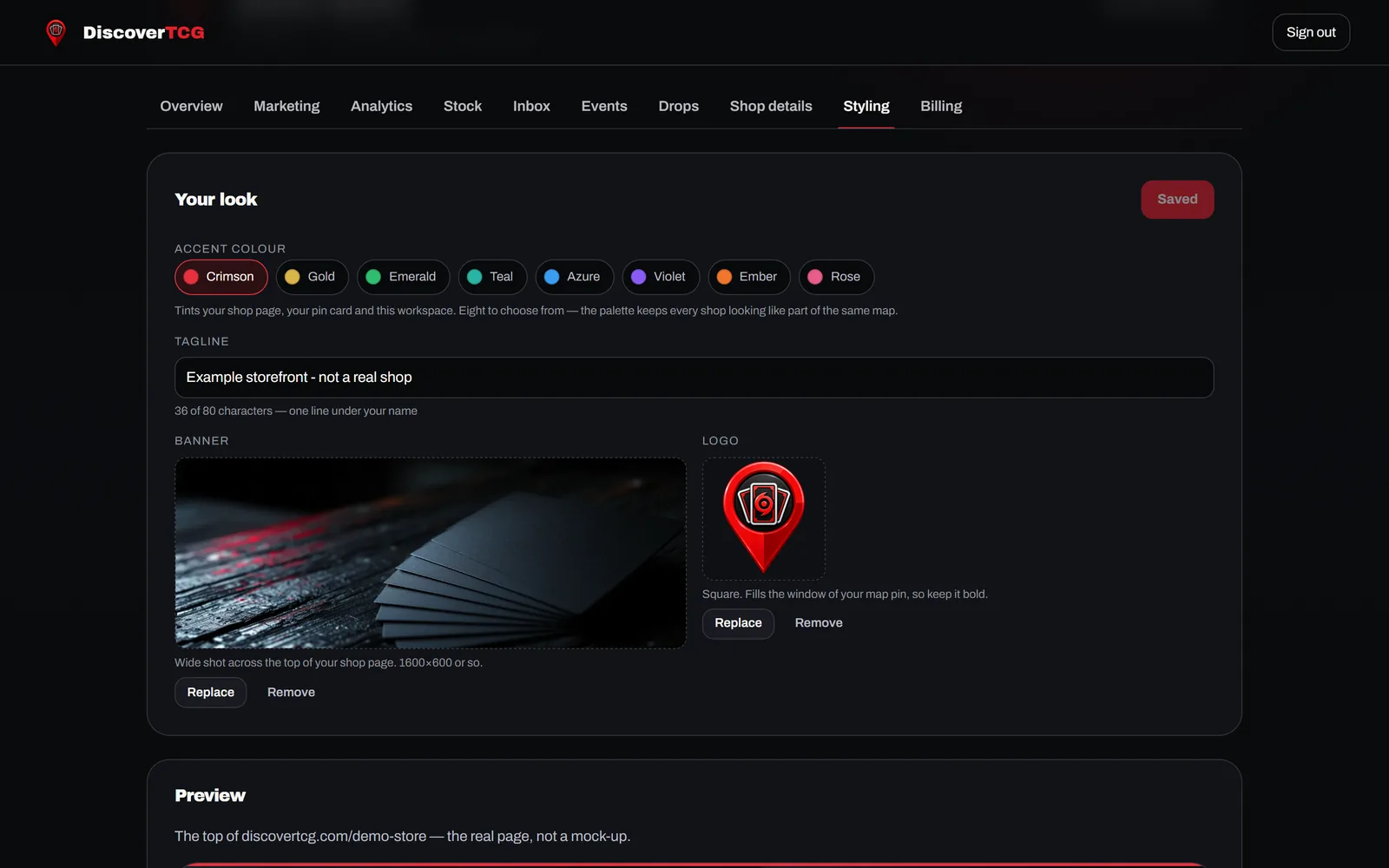 The Styling tab: eight accent colours from crimson to rose, a tagline field, and banner and logo uploads, above a live preview of the shop&rsquo;s public page.